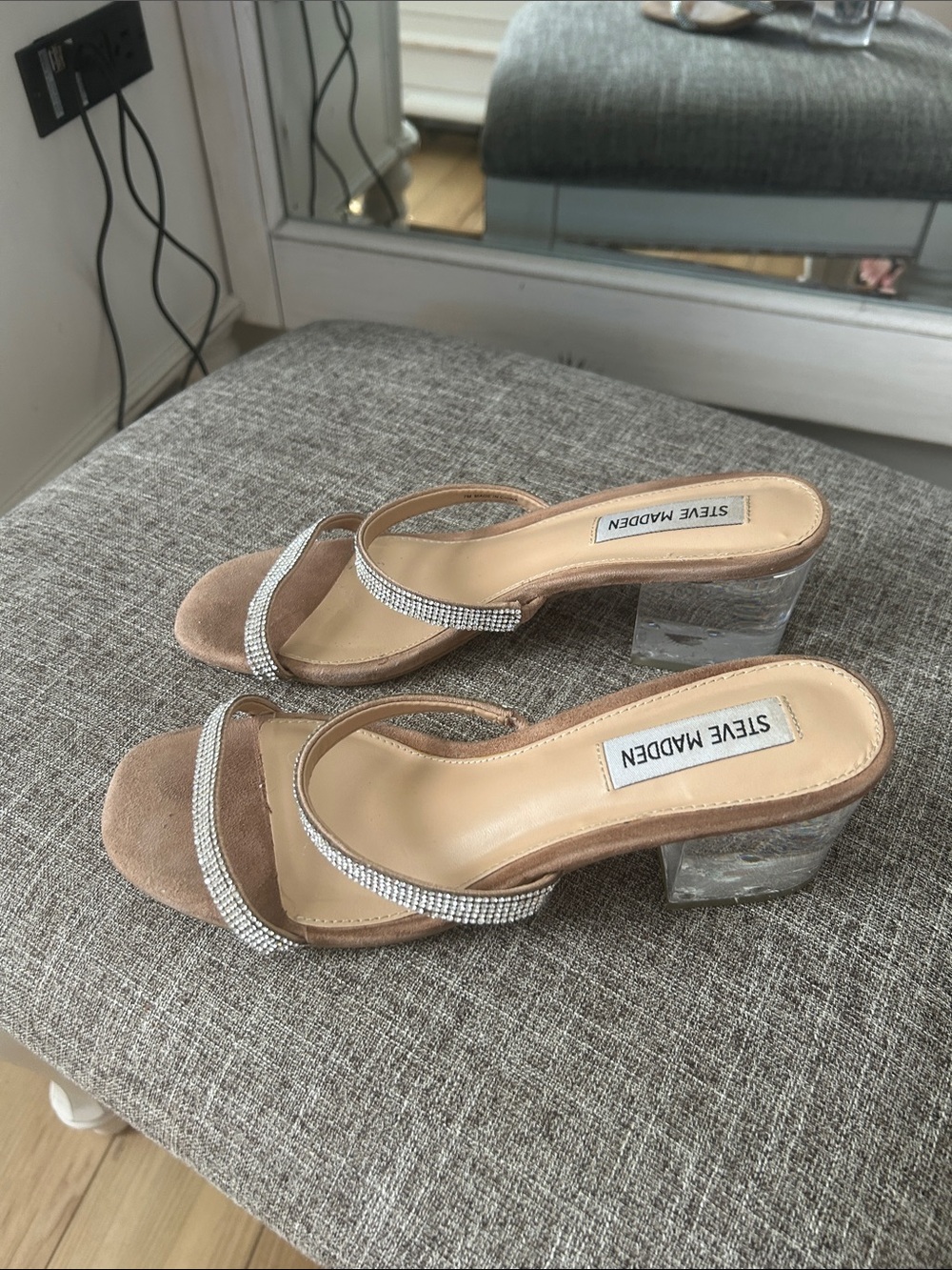 Steve Madden Tan Suede Rhinestone Strap Clear Block Heel Sandals